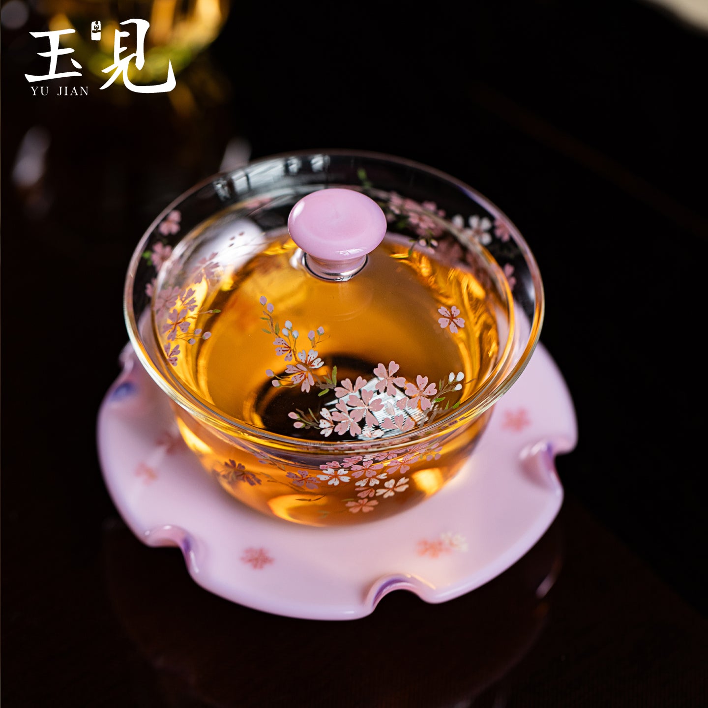 Hand-Painted Sakura Gaiwan Set – Lid, Cup & Saucer, Pink Glass