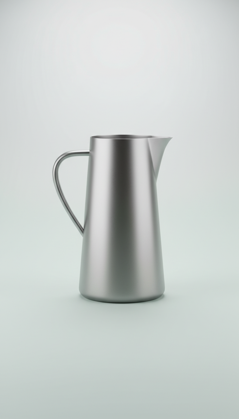 Stainless steel tea pitcher with curved handle and spout