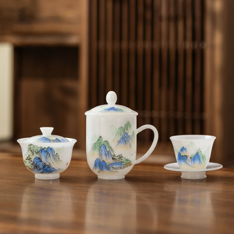 Hand-painted porcelain gaiwan with river and mountain landscape design