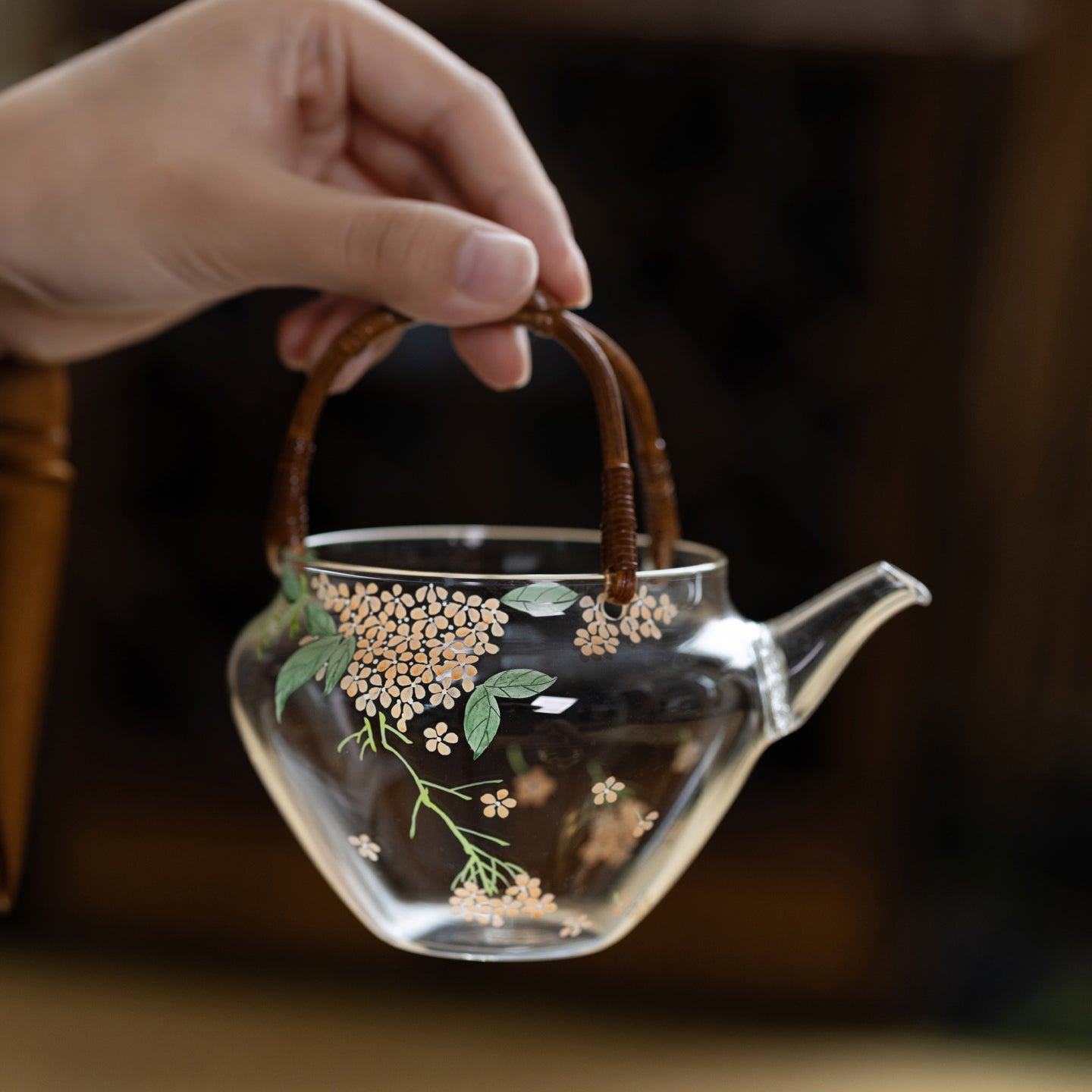 Hand-Painted Hydrangea Glass Teapot 200ml with Handwoven Rattan Handle