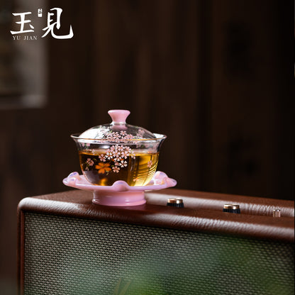 Hand-Painted Sakura Gaiwan Set – Lid, Cup & Saucer, Pink Glass
