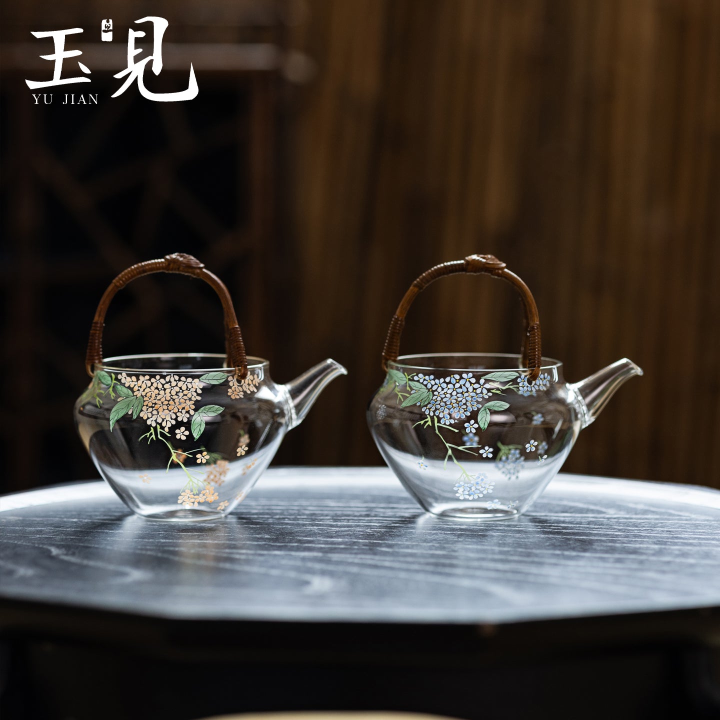 Hand-Painted Hydrangea Glass Teapot 200ml with Handwoven Rattan Handle