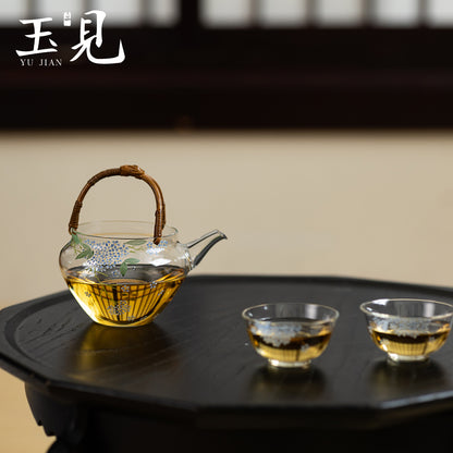 Hand-Painted Hydrangea Glass Teapot 200ml with Handwoven Rattan Handle