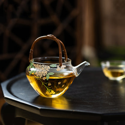 Hand-Painted Hydrangea Glass Teapot 200ml with Handwoven Rattan Handle