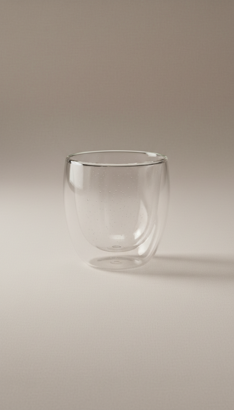 Thin clear glass tea cup with flared rim
