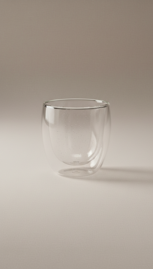 Thin clear glass tea cup with flared rim