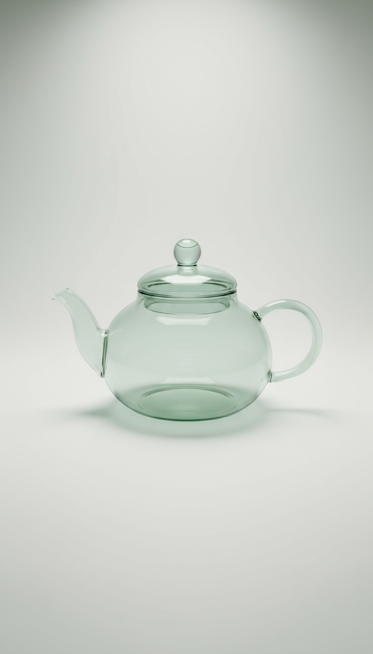 Glass teapot with lid knob, clear borosilicate body and integrated infuser