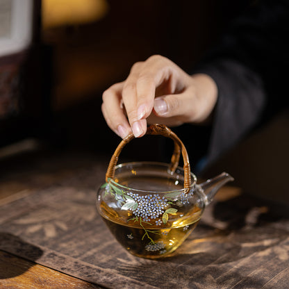 Hand-Painted Hydrangea Glass Teapot 200ml with Handwoven Rattan Handle
