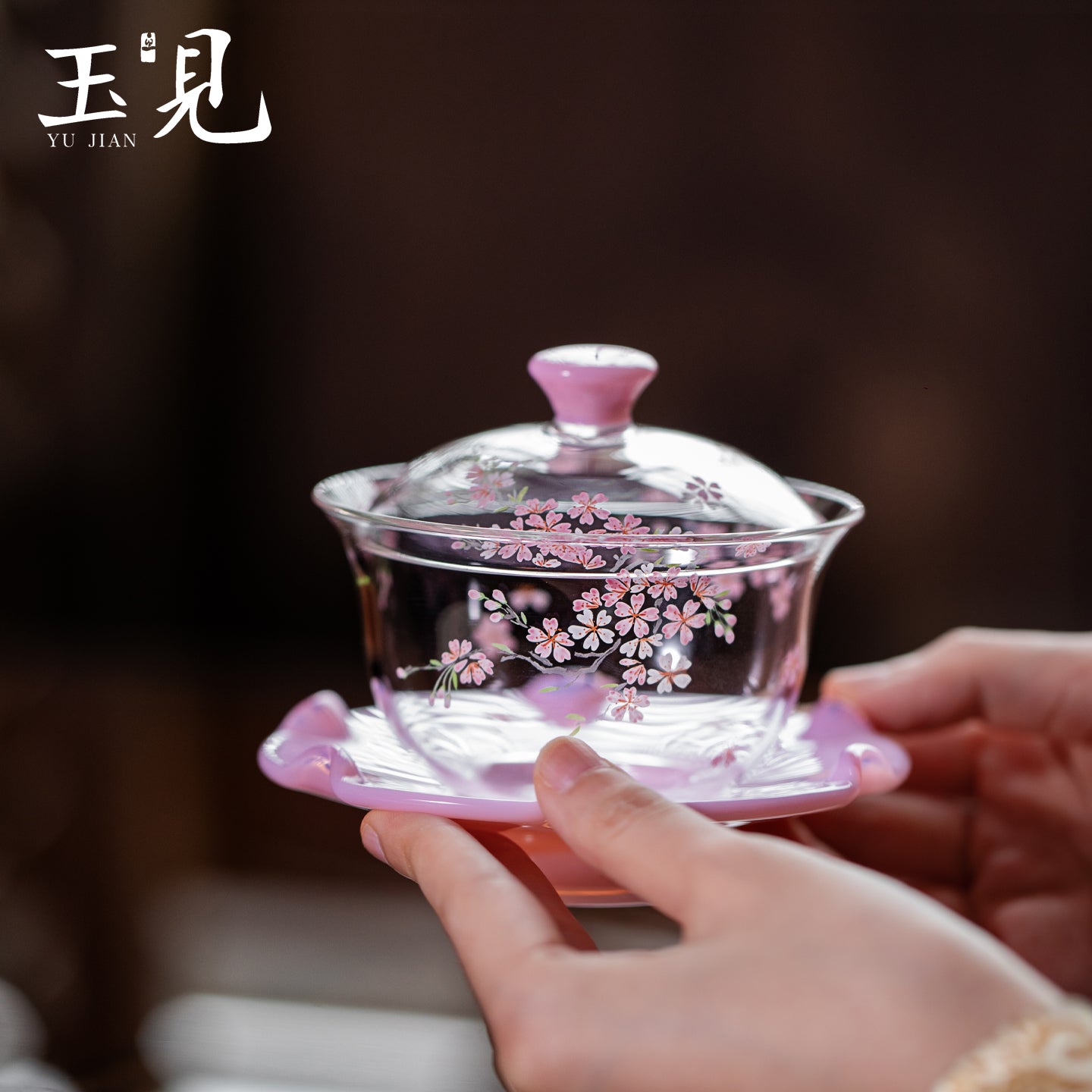 Hand-Painted Sakura Gaiwan Set – Lid, Cup & Saucer, Pink Glass