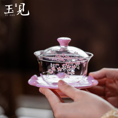 Hand-Painted Sakura Gaiwan Set – Lid, Cup & Saucer, Pink Glass