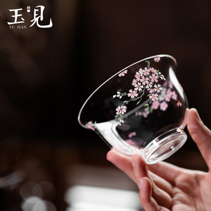 Hand-Painted Sakura Gaiwan Set – Lid, Cup & Saucer, Pink Glass