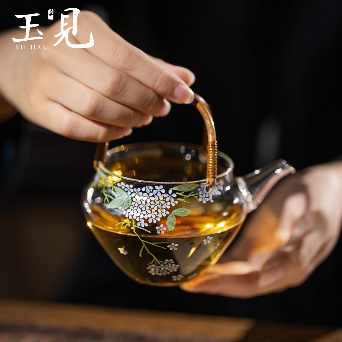Hand-Painted Hydrangea Glass Teapot 200ml with Handwoven Rattan Handle
