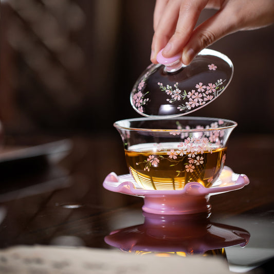 Hand-Painted Sakura Gaiwan Set – Lid, Cup & Saucer, Pink Glass
