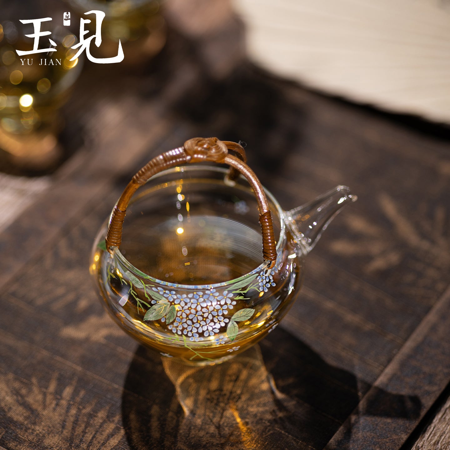 Hand-Painted Hydrangea Glass Teapot 200ml with Handwoven Rattan Handle