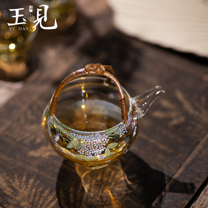 Hand-Painted Hydrangea Glass Teapot 200ml with Handwoven Rattan Handle