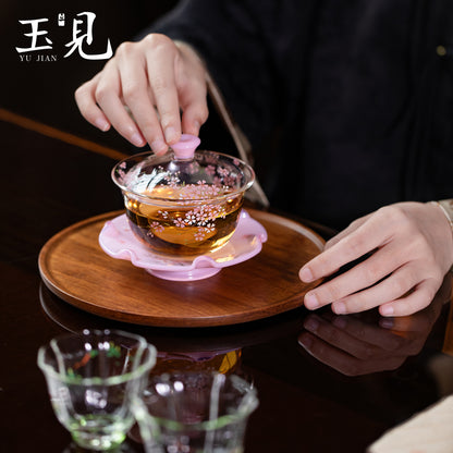 Hand-Painted Sakura Gaiwan Set – Lid, Cup & Saucer, Pink Glass