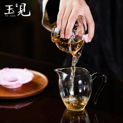 Hand-Painted Sakura Gaiwan Set – Lid, Cup & Saucer, Pink Glass