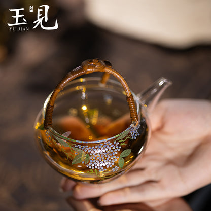 Hand-Painted Hydrangea Glass Teapot 200ml with Handwoven Rattan Handle