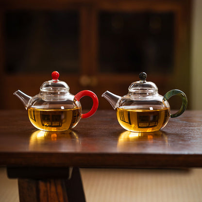 Round-Belly Glass Teapot 150ml – Handcrafted, Red or Green Handle
