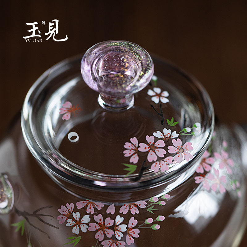 Slim-Waist Hand-Painted Cherry Blossom Glass Teapot