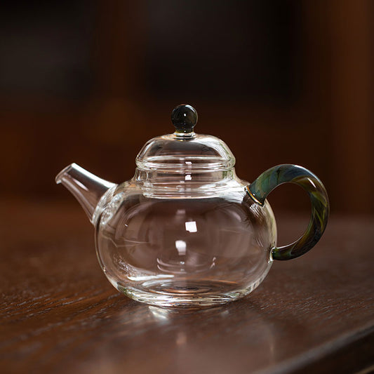 Round-Belly Glass Teapot 150ml – Handcrafted, Red or Green Handle