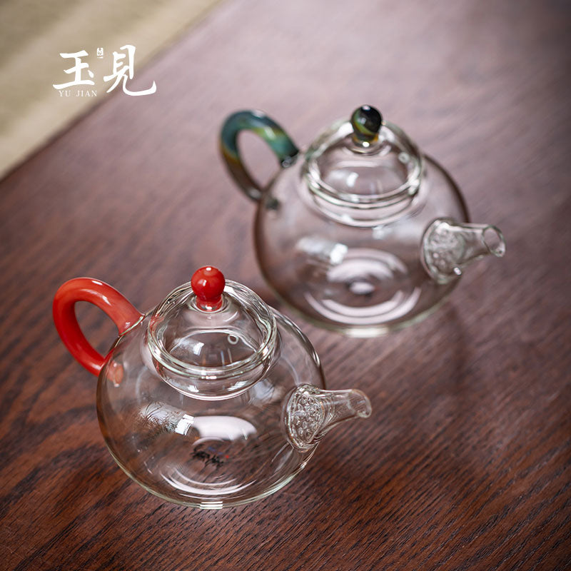 Round-Belly Glass Teapot 150ml – Handcrafted, Red or Green Handle