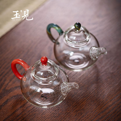 Round-Belly Glass Teapot 150ml – Handcrafted, Red or Green Handle