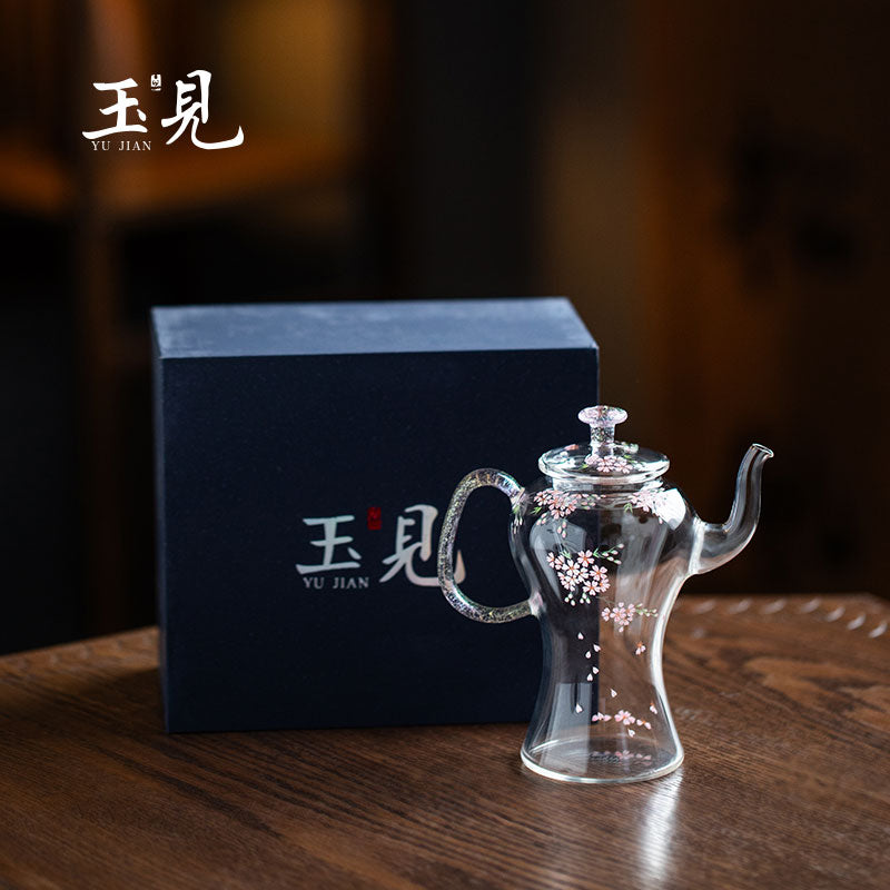 Slim-Waist Hand-Painted Cherry Blossom Glass Teapot