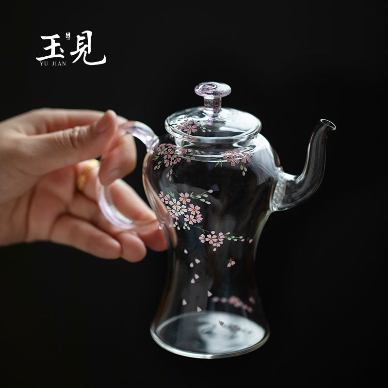 Slim-Waist Hand-Painted Cherry Blossom Glass Teapot