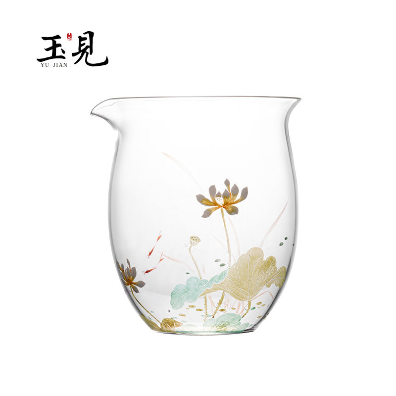 Hand-painted floral glass tea pitcher with gold flower and blue cloud-like floral accents.