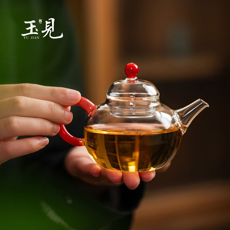 Round-Belly Glass Teapot 150ml – Handcrafted, Red or Green Handle