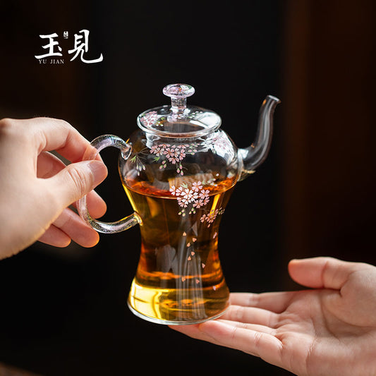 Slim-Waist Hand-Painted Cherry Blossom Glass Teapot