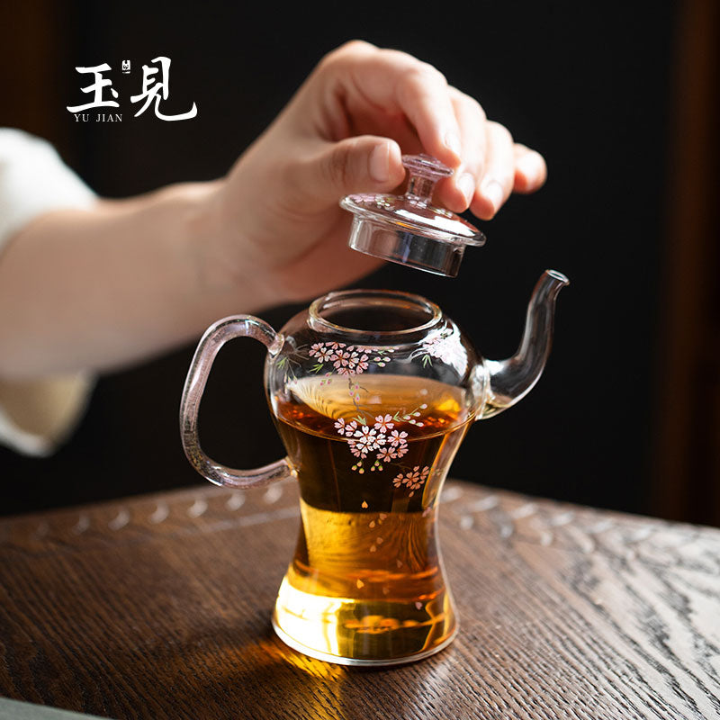 Slim-Waist Hand-Painted Cherry Blossom Glass Teapot