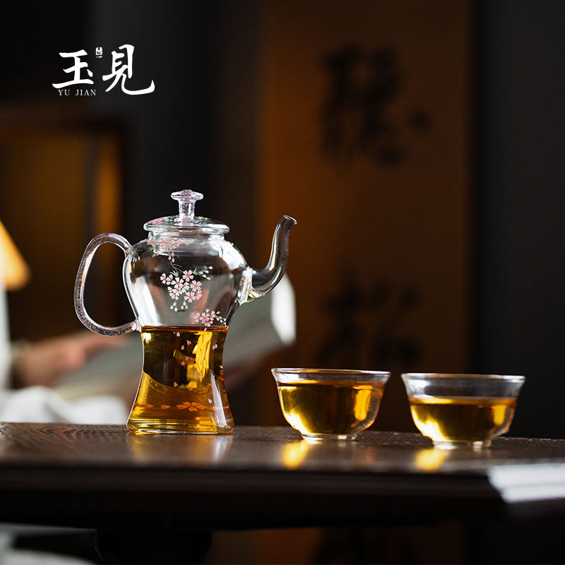Slim-Waist Hand-Painted Cherry Blossom Glass Teapot