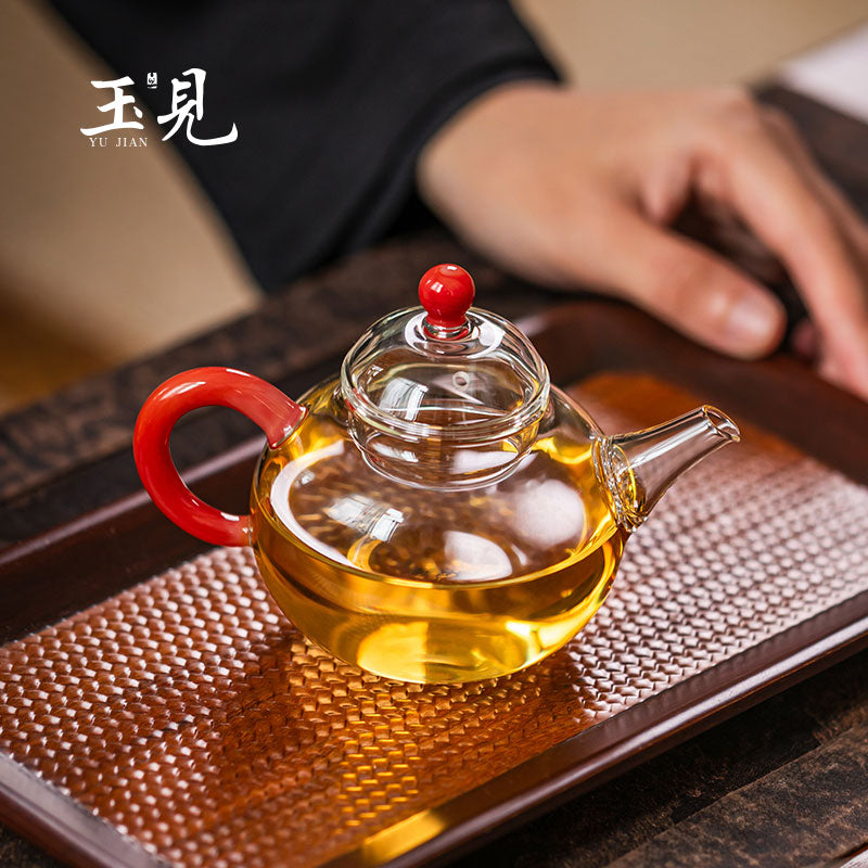 Round-Belly Glass Teapot 150ml – Handcrafted, Red or Green Handle