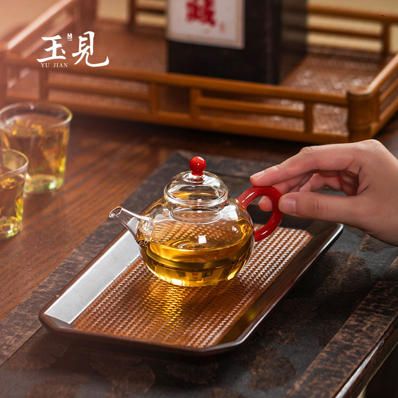 Round-Belly Glass Teapot 150ml – Handcrafted, Red or Green Handle