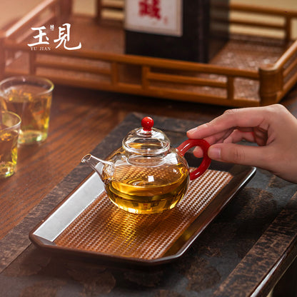 Round-Belly Glass Teapot 150ml – Handcrafted, Red or Green Handle