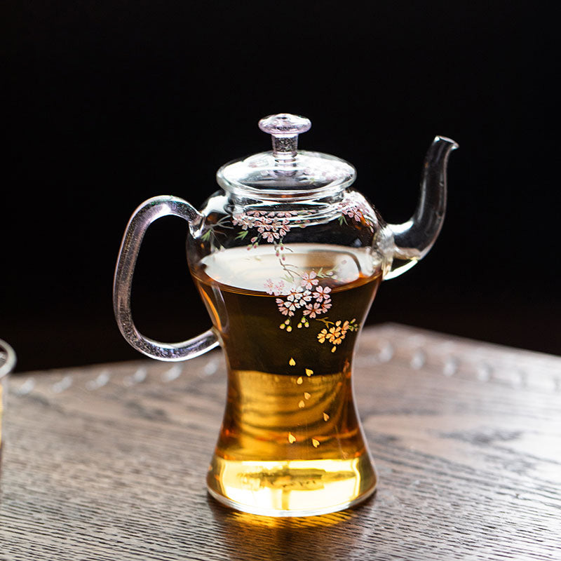 Slim-Waist Hand-Painted Cherry Blossom Glass Teapot