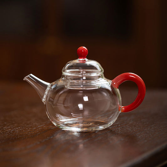 Round-Belly Glass Teapot 150ml – Handcrafted, Red or Green Handle