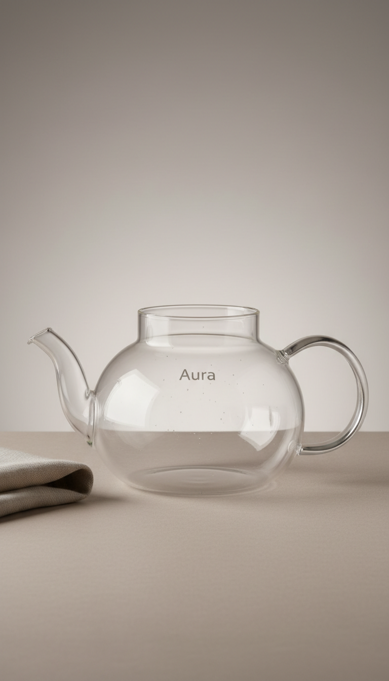 Clear glass teapot with curved spout, loop handles, 'Aura' marking