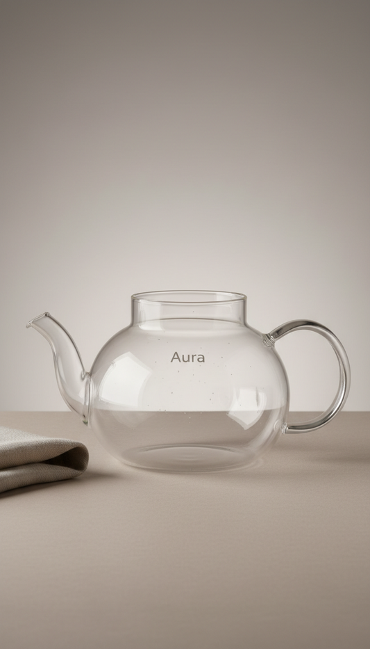 Clear glass teapot with curved spout, loop handles, 'Aura' marking