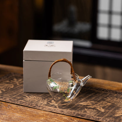 Hand-Painted Hydrangea Glass Teapot 200ml with Handwoven Rattan Handle