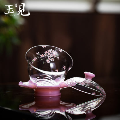 Hand-Painted Sakura Gaiwan Set – Lid, Cup & Saucer, Pink Glass