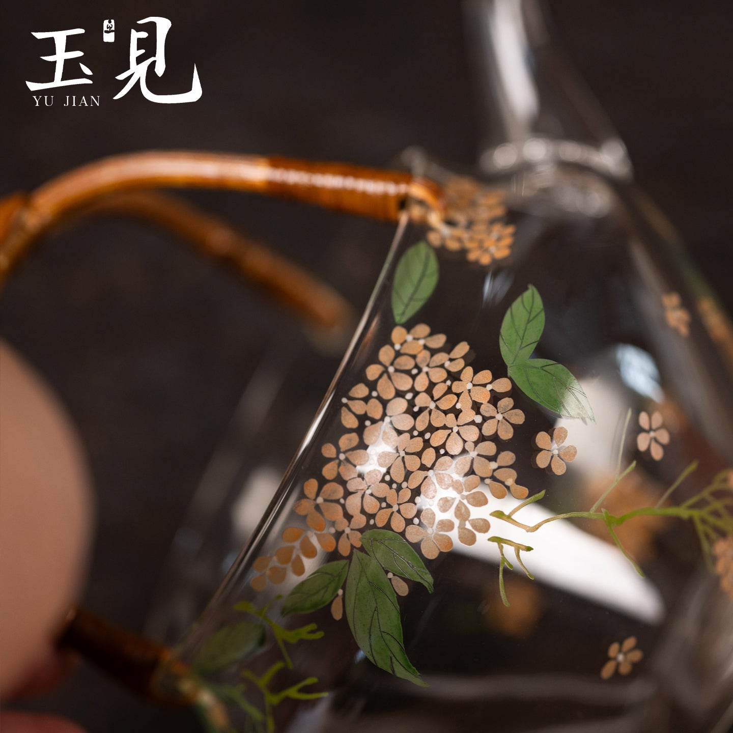 Hand-Painted Hydrangea Glass Teapot 200ml with Handwoven Rattan Handle