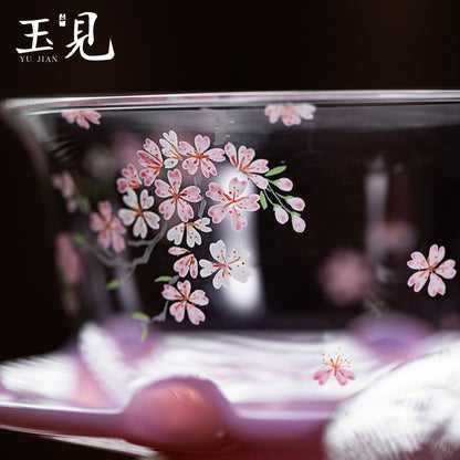 Hand-Painted Sakura Gaiwan Set – Lid, Cup & Saucer, Pink Glass