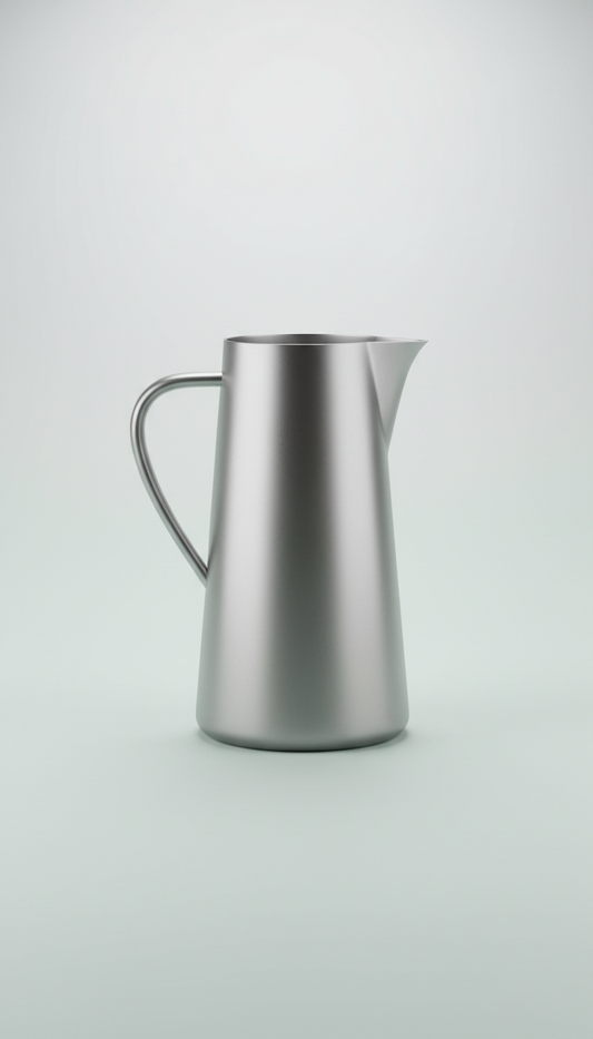 Stainless steel tea pitcher with curved handle and spout