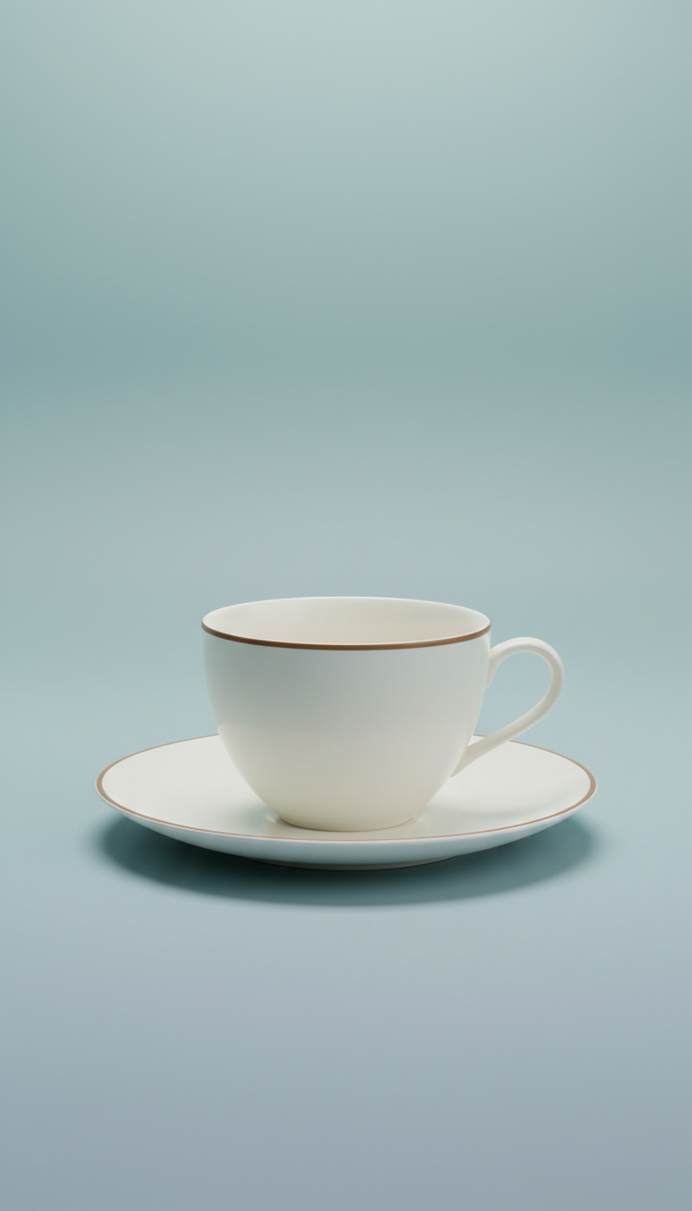 White double-walled glass tea cup with handle and matching saucer