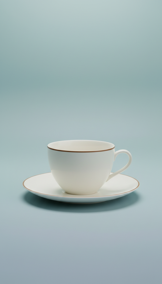 White double-walled glass tea cup with handle and matching saucer