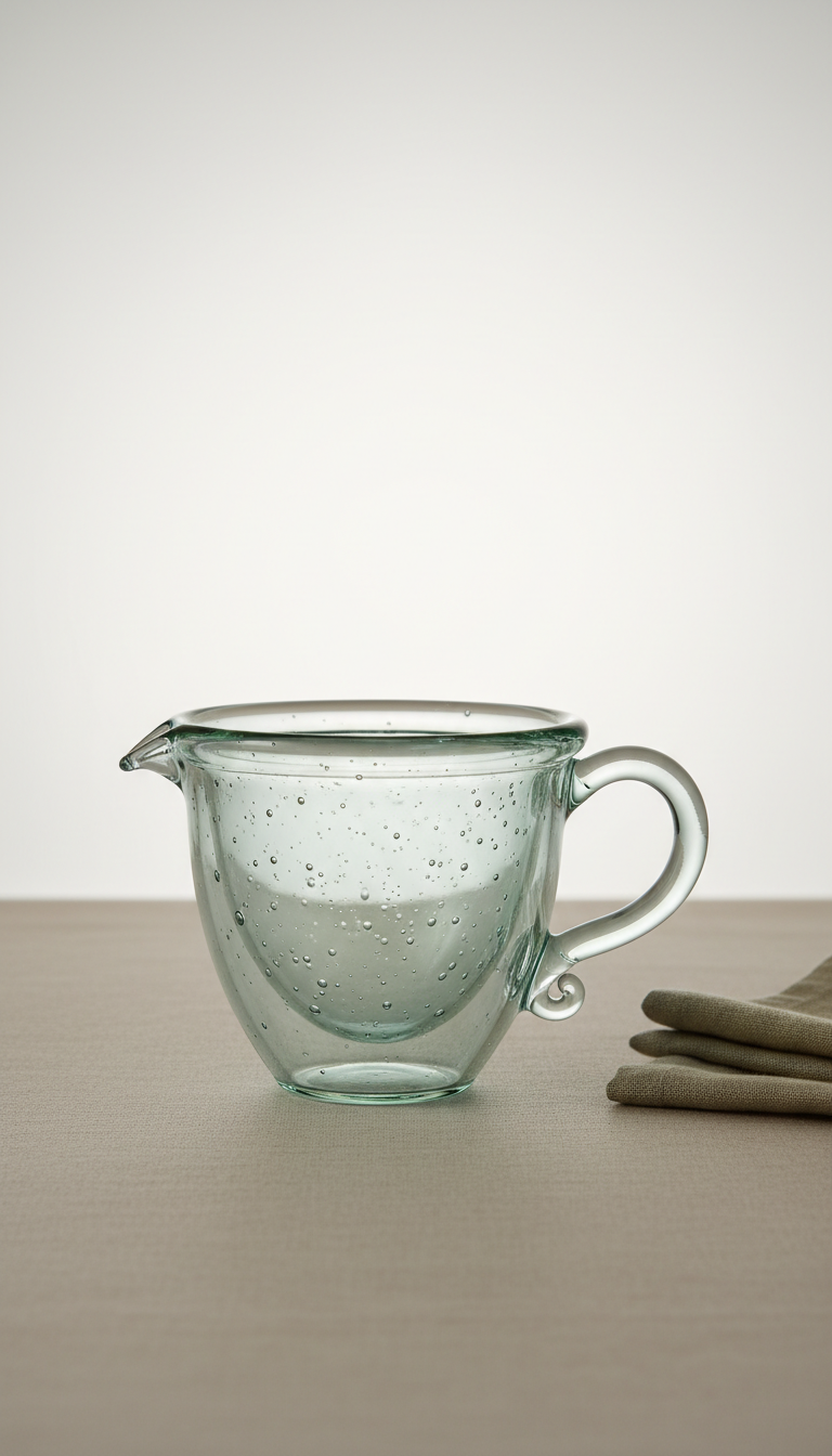 Minimalist glass serving tray: translucent pitcher with loop handle and spout